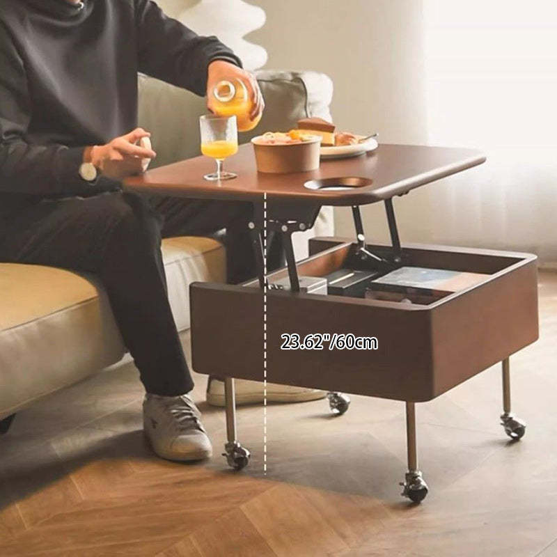 Retro Rubber Wood Liftable 2-Storage Coffee Table