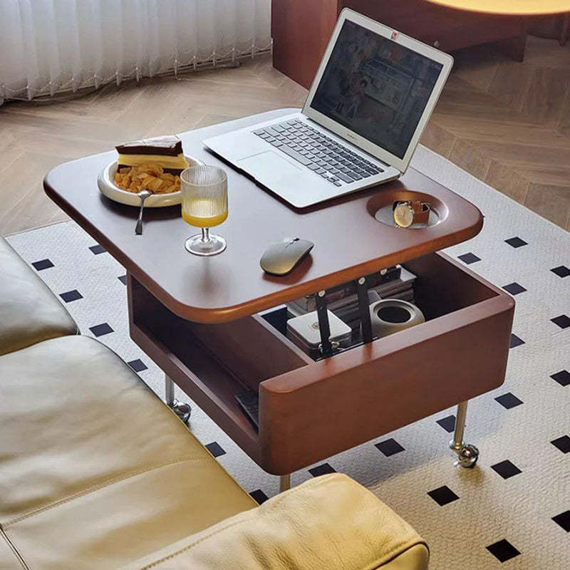 Retro Rubber Wood Liftable 2-Storage Coffee Table