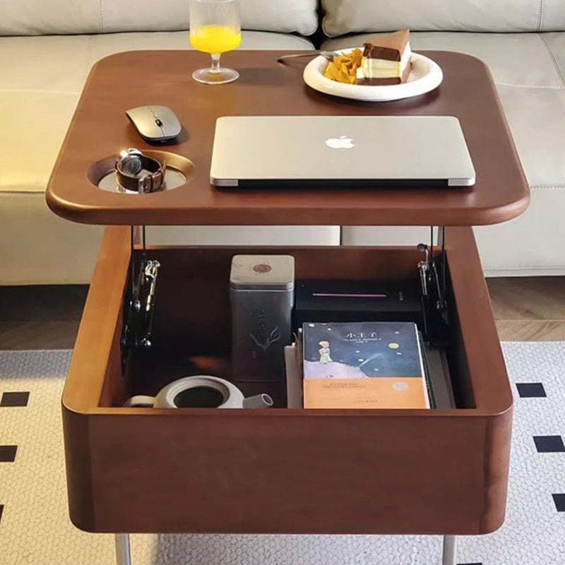 Retro Rubber Wood Liftable 2-Storage Coffee Table