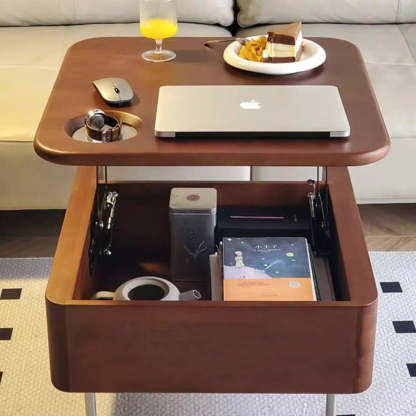 Retro Rubber Wood Liftable 2-Storage Coffee Table