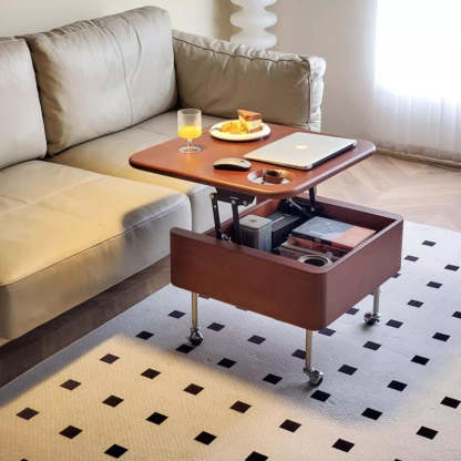 Retro Rubber Wood Liftable 2-Storage Coffee Table — Walnut Color
