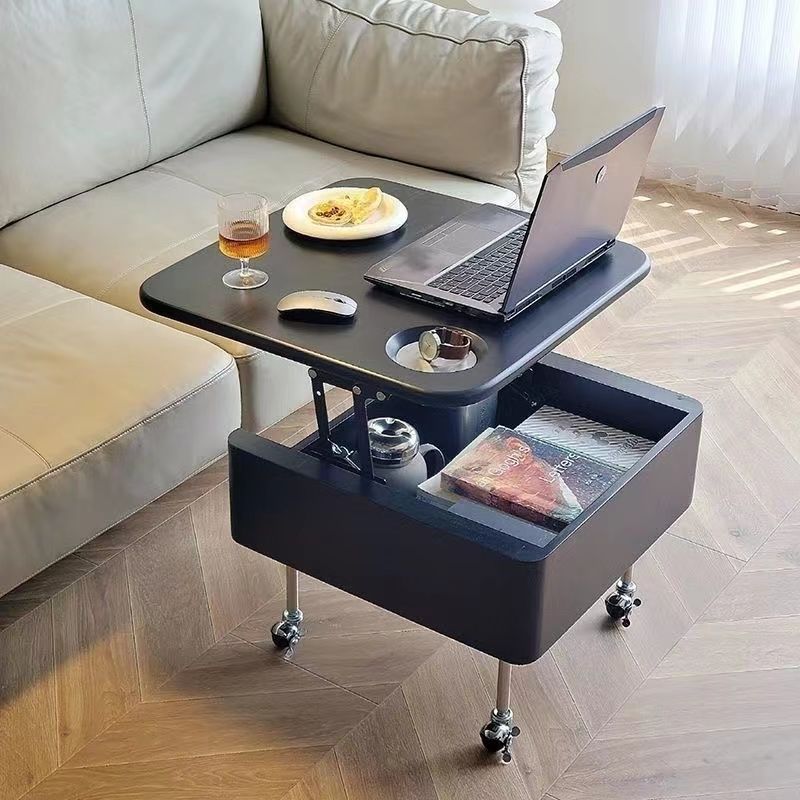 Retro Rubber Wood Liftable 2-Storage Coffee Table — Black