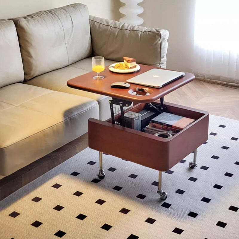 Retro Rubber Wood Liftable 2-Storage Coffee Table