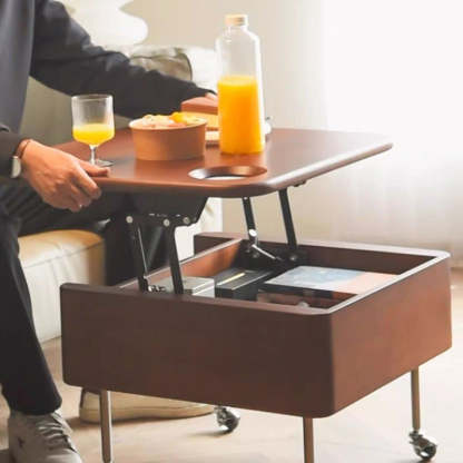 Retro Rubber Wood Liftable 2-Storage Coffee Table