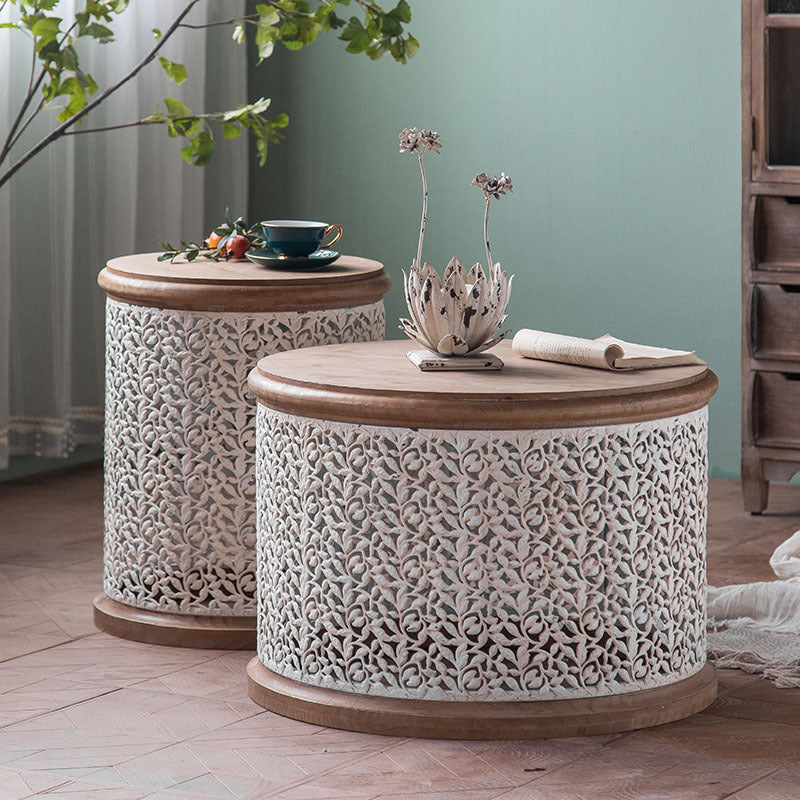 French Mesh Cylinder Pine Iron Side Table — A