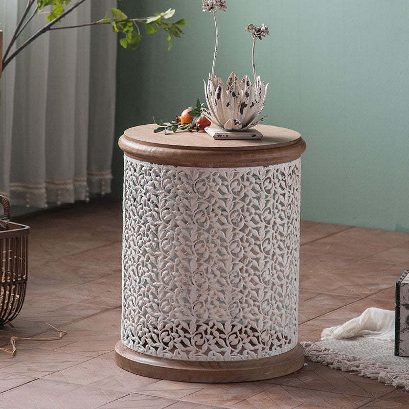 French Mesh Cylinder Pine Iron Side Table