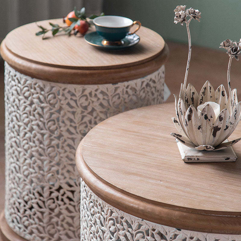 French Mesh Cylinder Pine Iron Side Table