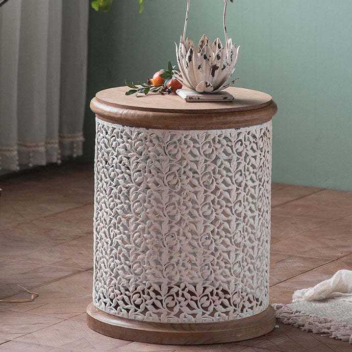 French Mesh Cylinder Pine Iron Side Table