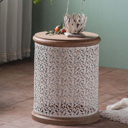 French Mesh Cylinder Pine Iron Side Table