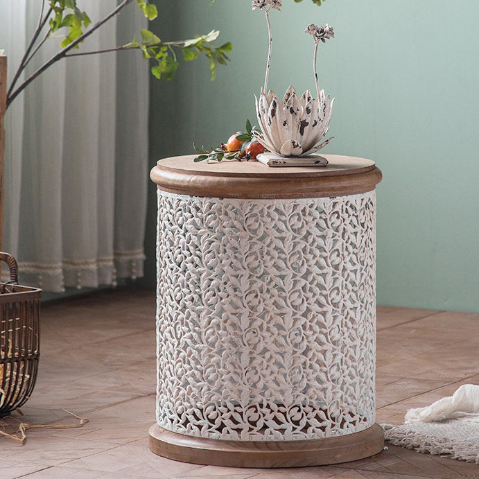 French Mesh Cylinder Pine Iron Side Table