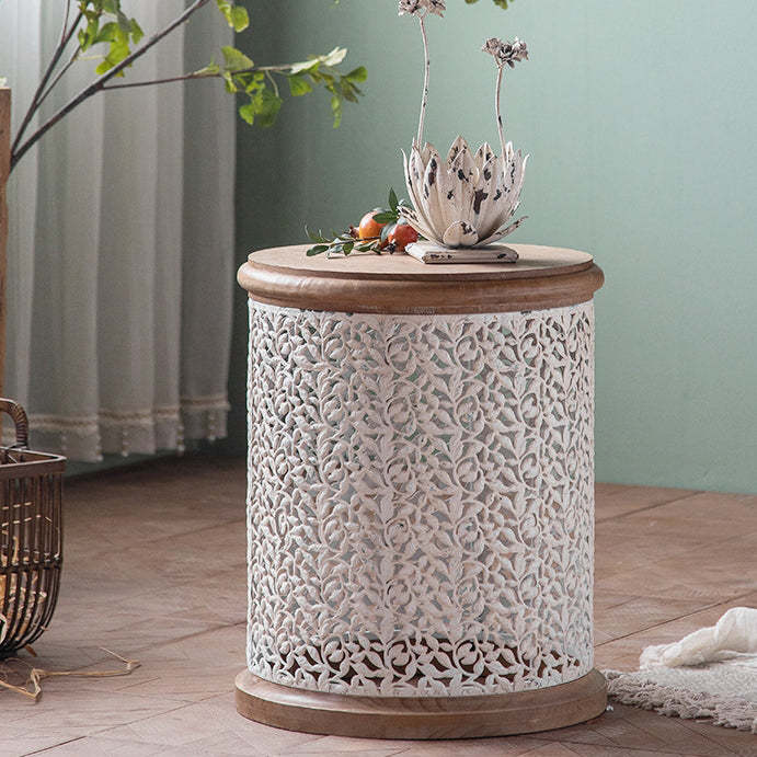 French Mesh Cylinder Pine Iron Side Table