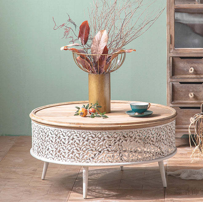French Mesh Cylinder Pine Iron Side Table
