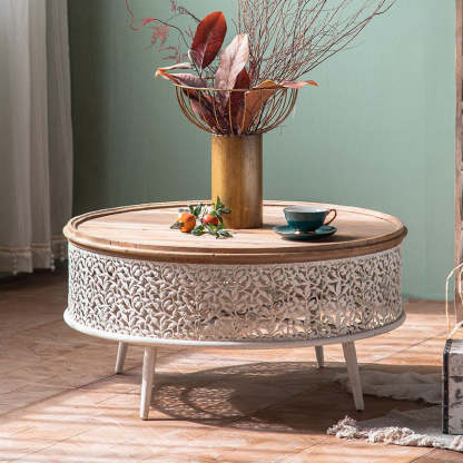 French Mesh Cylinder Pine Iron Side Table — C