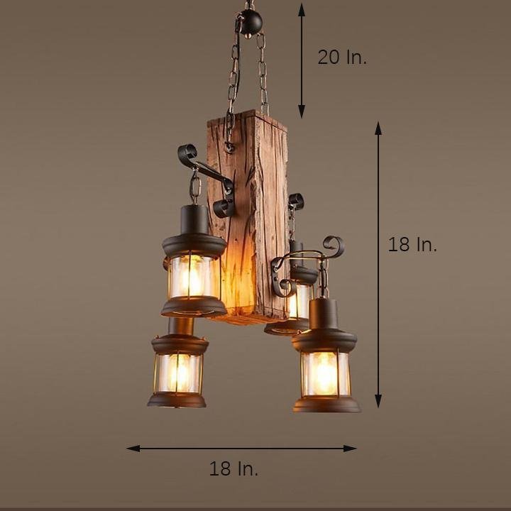 Lodge Style Farmhouse Chandelier Wooden Dining Room Chandeliers with 4 Lanterns Lights-Lighom