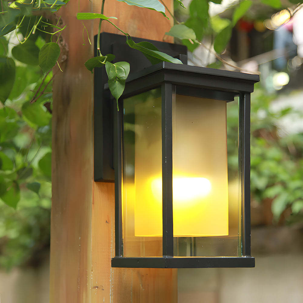 Black Square Outdoor Wall Lantern with Double Glass Shade-Lighom
