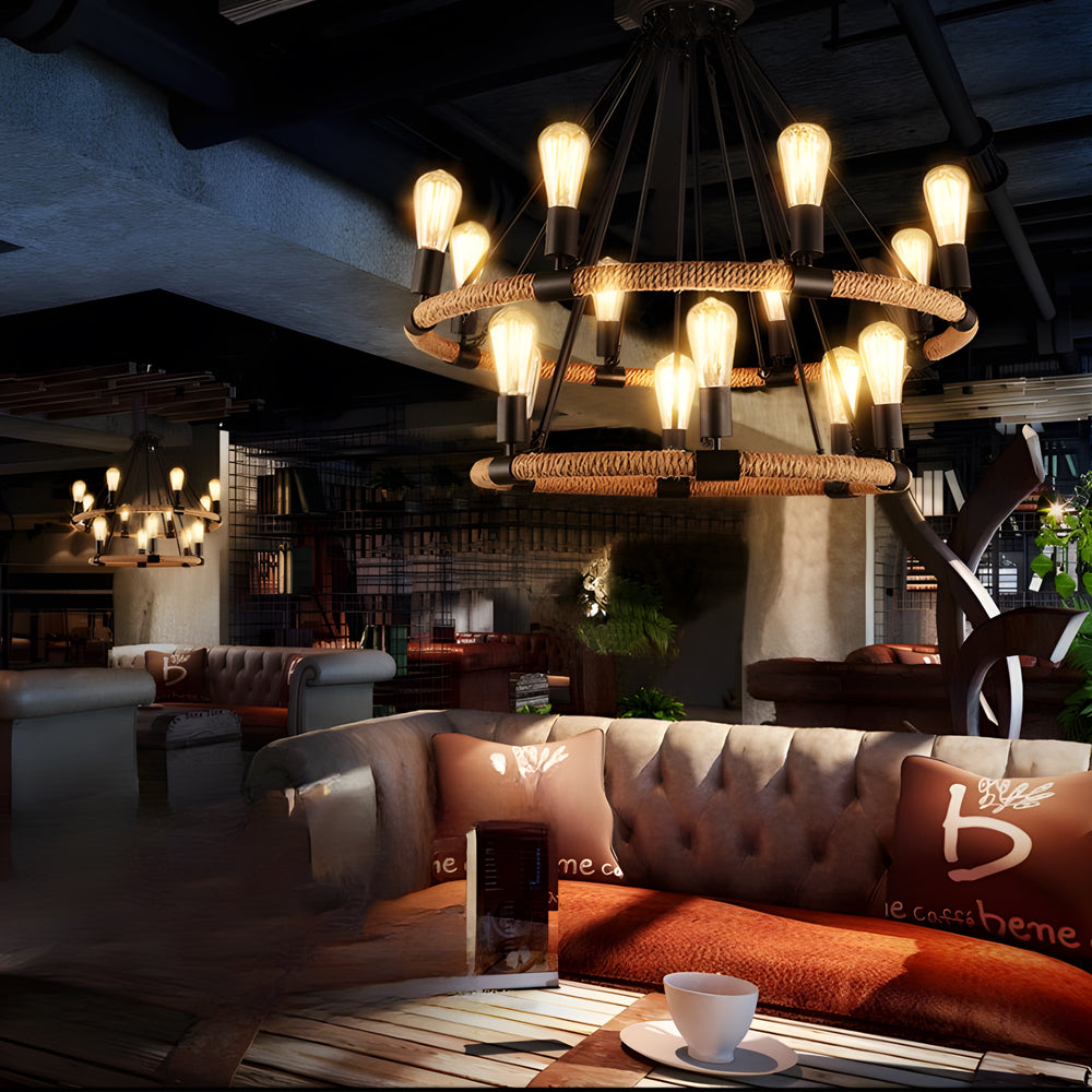 Rustic Industrial Hemp Rope Iron Frame Chandelier