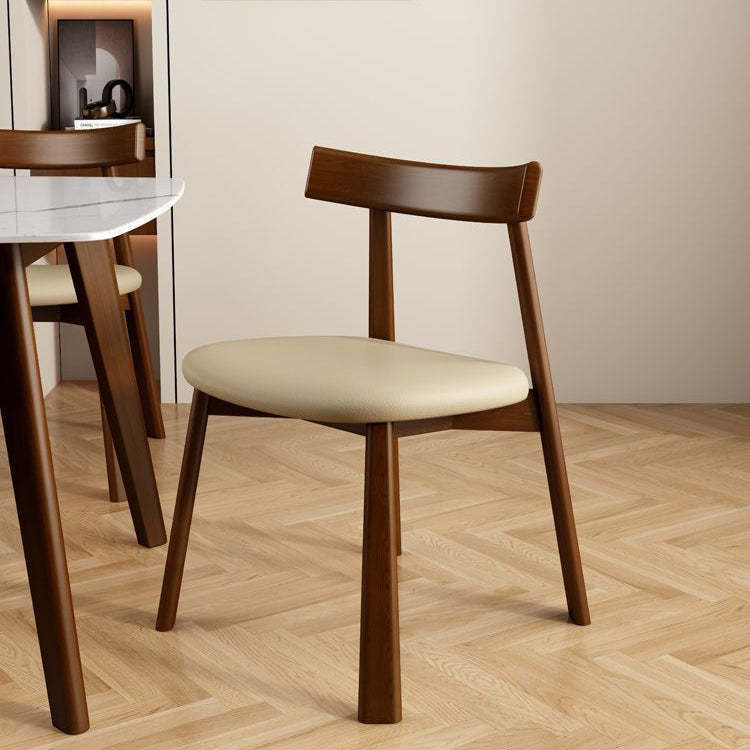 Leather Upholstered Wood Dining Chair — Walnut Color Wooden Frame+Beige Leather