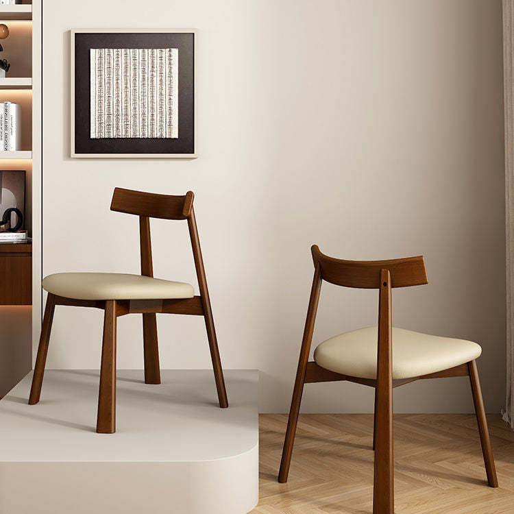 Leather Upholstered Wood Dining Chair — Walnut Color Wooden Frame+Light Khaki Leather