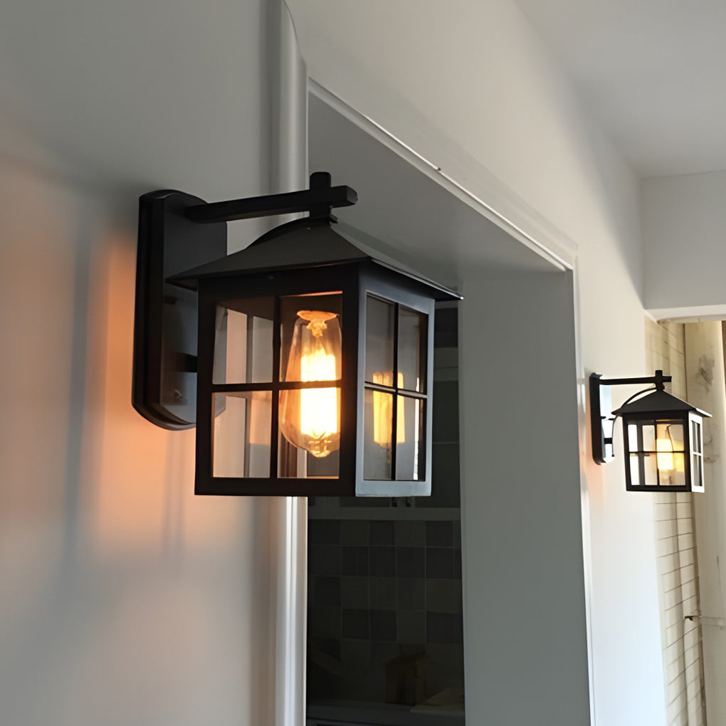 Antique Lantern Shaped Glass Waterproof Black Modern Wall Sconce Lighting-Lighom