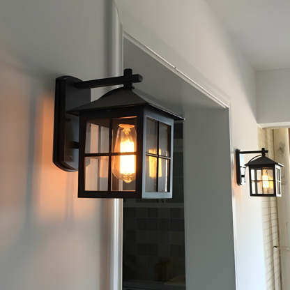 Antique Lantern Shaped Glass Waterproof Black Modern Wall Sconce Lighting-Lighom