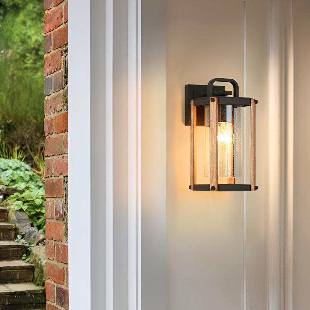 Lantern-Shaped Glass Black Industrial Outdoor Wall Sconce