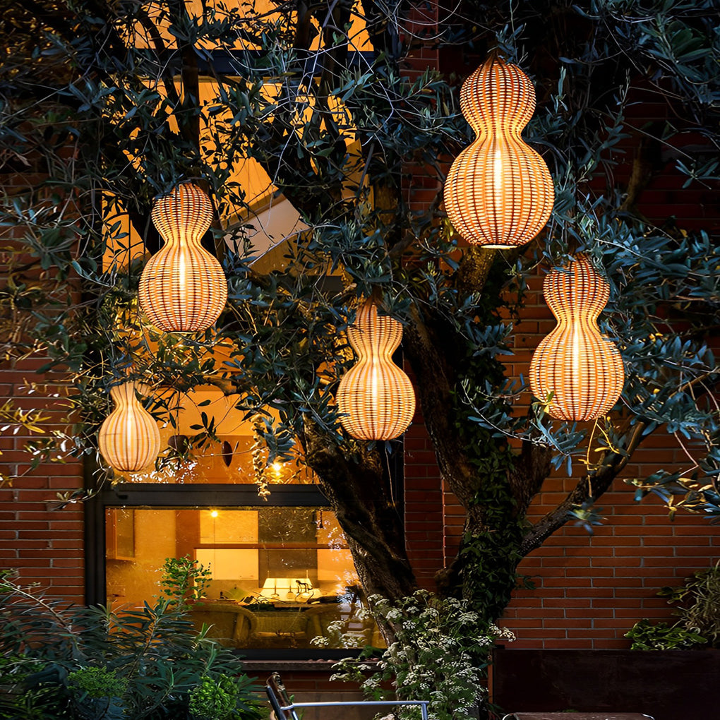 Woven Rattan Gourd Hanging Lamp Outdoor Pendant Light for Patio-Lighom