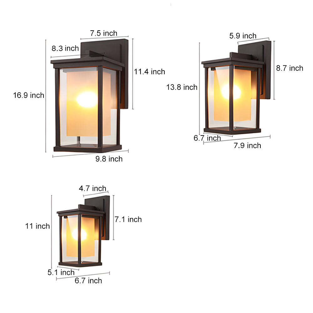 Black Square Outdoor Wall Lantern with Double Glass Shade-Lighom