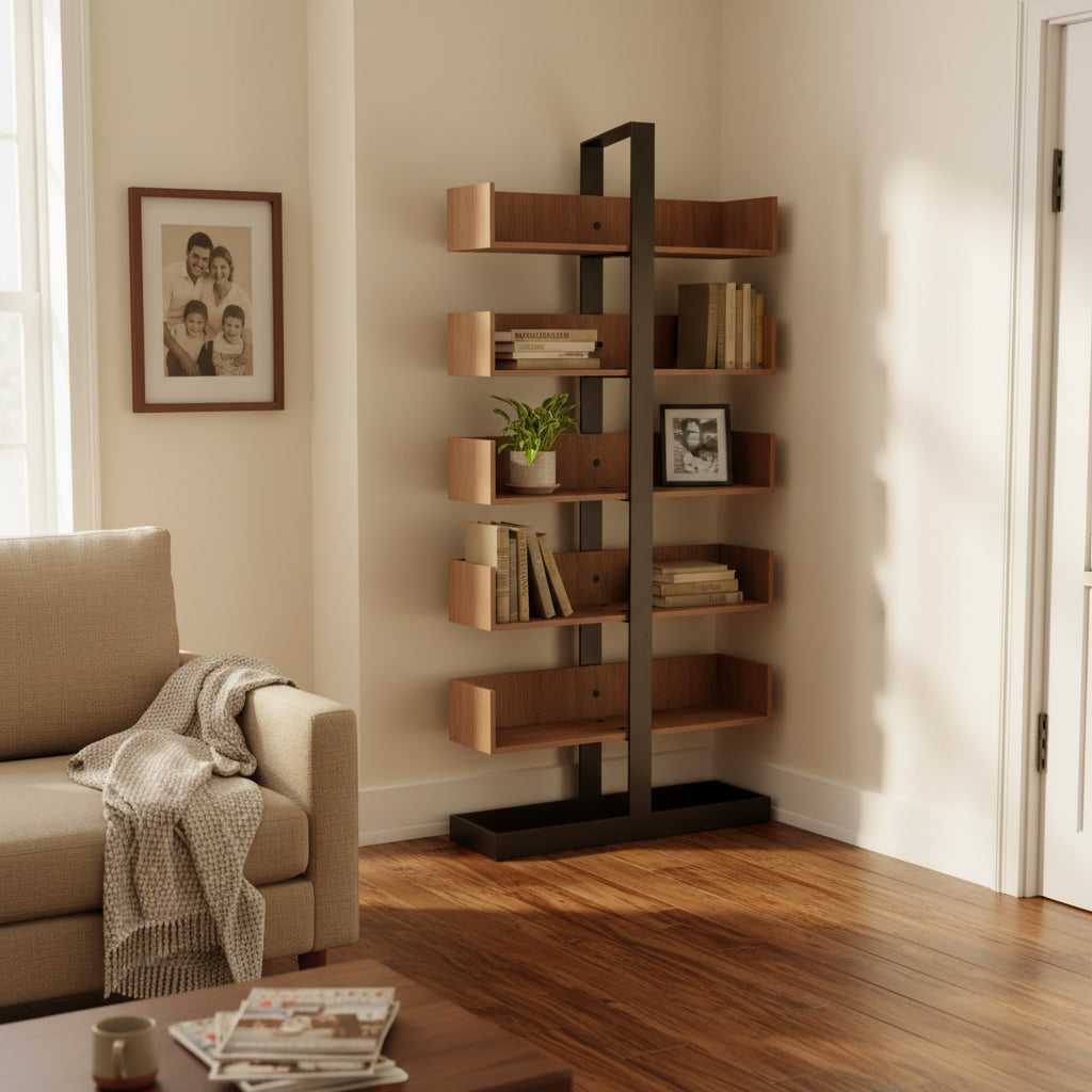 Industrial Corner Wood Metal Tower Bookshelf
