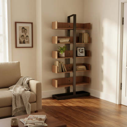 Industrial Corner Wood Metal Tower Bookshelf