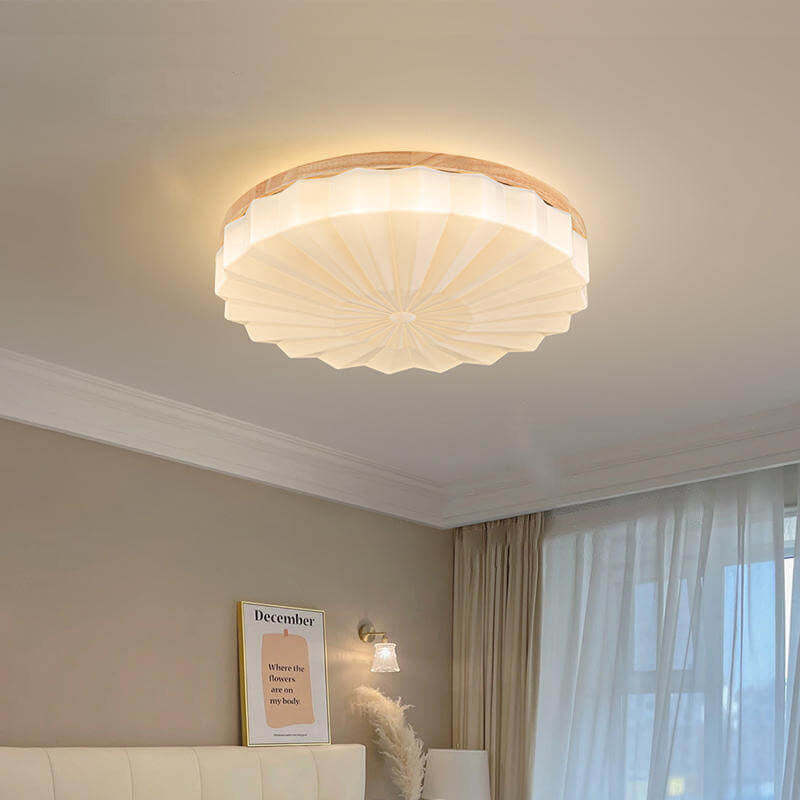 Japanese Minimalist Round Wood Acrylic LED Flush Mount Light