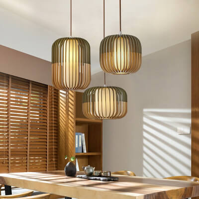 Modern Wooden Cage Drum Pendant Light