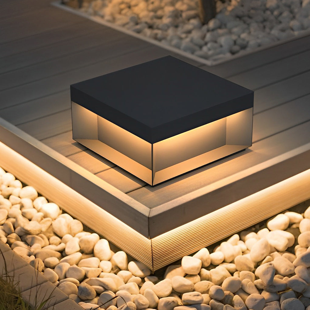 Square Hardwired Solar Pier Mount Lantern Post Light Black