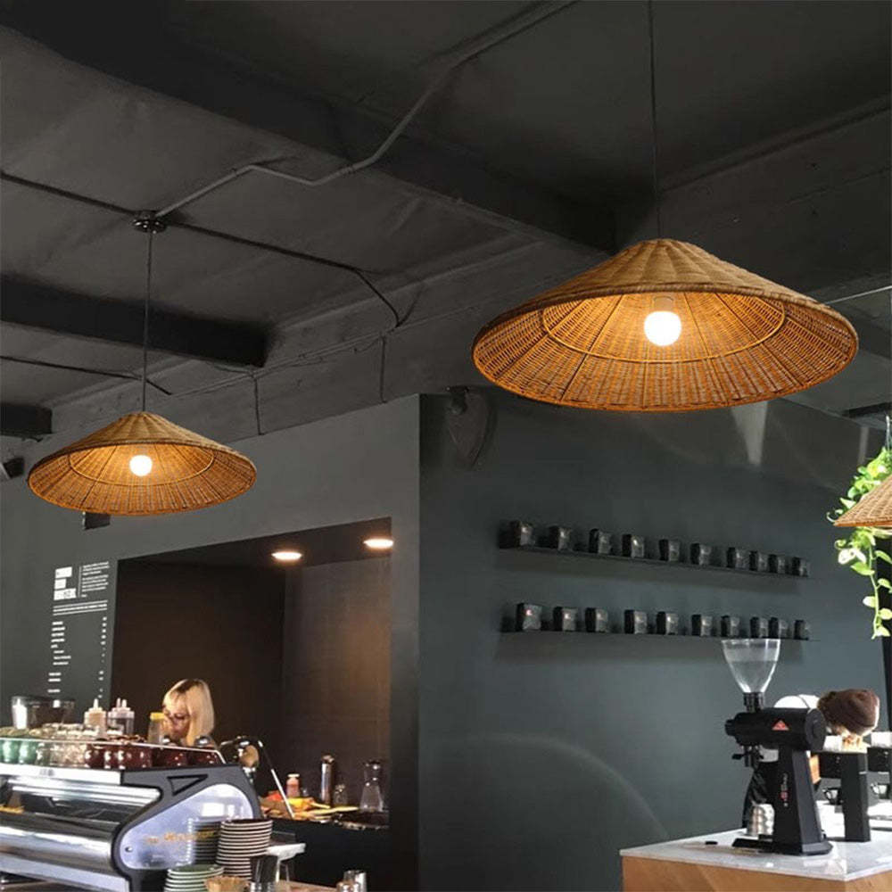Retro Woven Rattan Cone Pendant Light