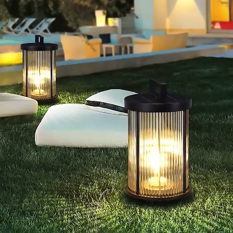 Striped Glass Cylindrical Portable Solar Lantern — Solar / Set of 2
