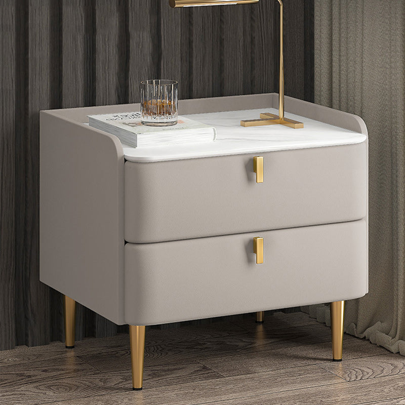 Modern Leather Pine Wood Carbon Steel Nightstand 2-Drawer