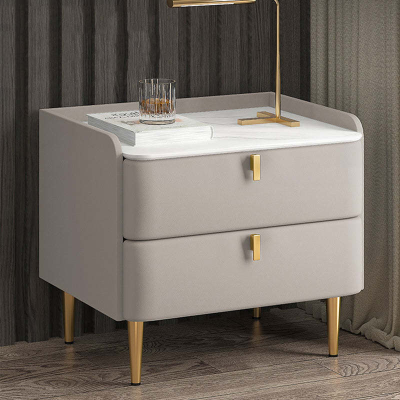 Modern Leather Pine Wood Carbon Steel Nightstand 2-Drawer — Light Gray & Gold Leg