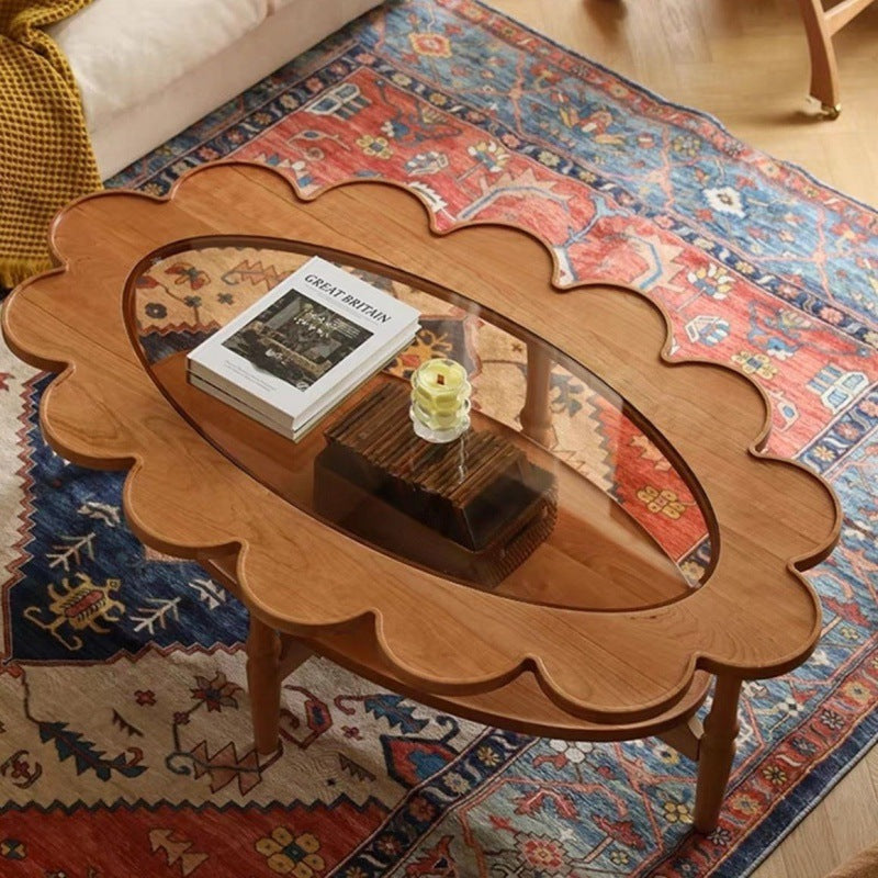 Vintage Elliptical Flower Wood Glass Coffee Table — A - Cherry Wood Color
