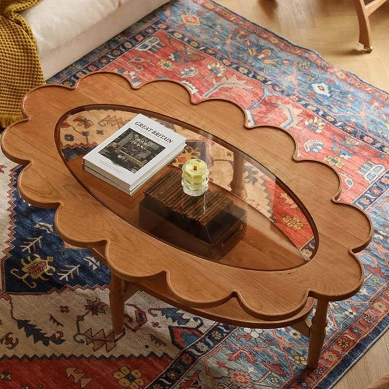 Vintage Elliptical Flower Wood Glass Coffee Table — A - Cherry Wood Color