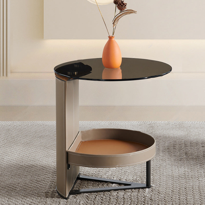 Minimalist Glass Leather Metal End Table 1-Storage — Red
