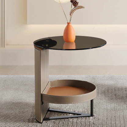 Minimalist Glass Leather Metal End Table 1-Storage — Red