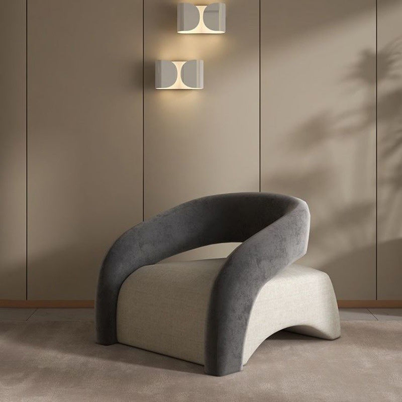 Modern Curved Leather Lambswool Wood Accent Chair