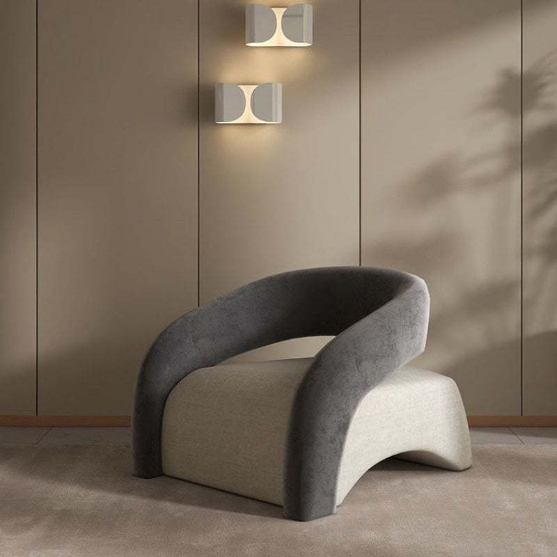Modern Curved Leather Lambswool Wood Accent Chair — Gray Panda