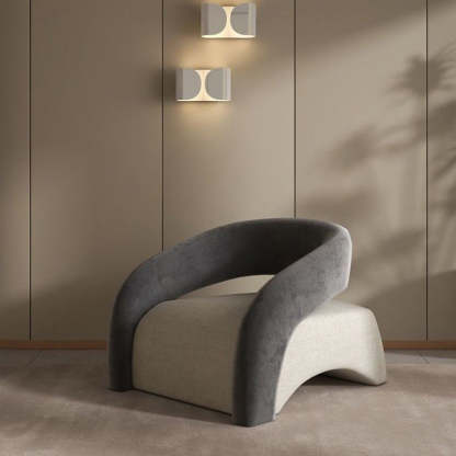 Modern Curved Leather Lambswool Wood Accent Chair — Gray Panda
