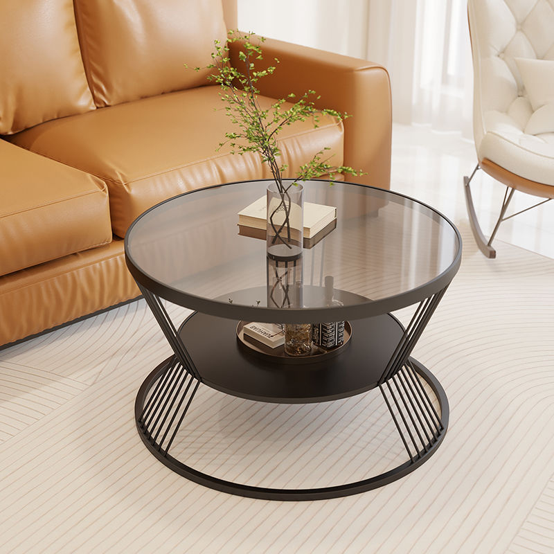 Modern Luxury Tempered Glass Iron 2-Tier End Table — Black / Tea - Colored Glass
