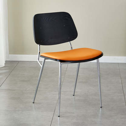 Scandinavian Leather Metal Dining Chair — Black Legs / Original Wood Color / Dark Gray