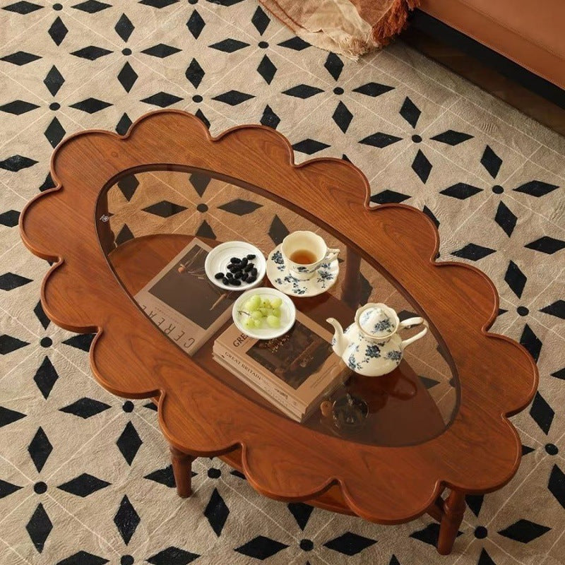 Vintage Elliptical Flower Wood Glass Coffee Table