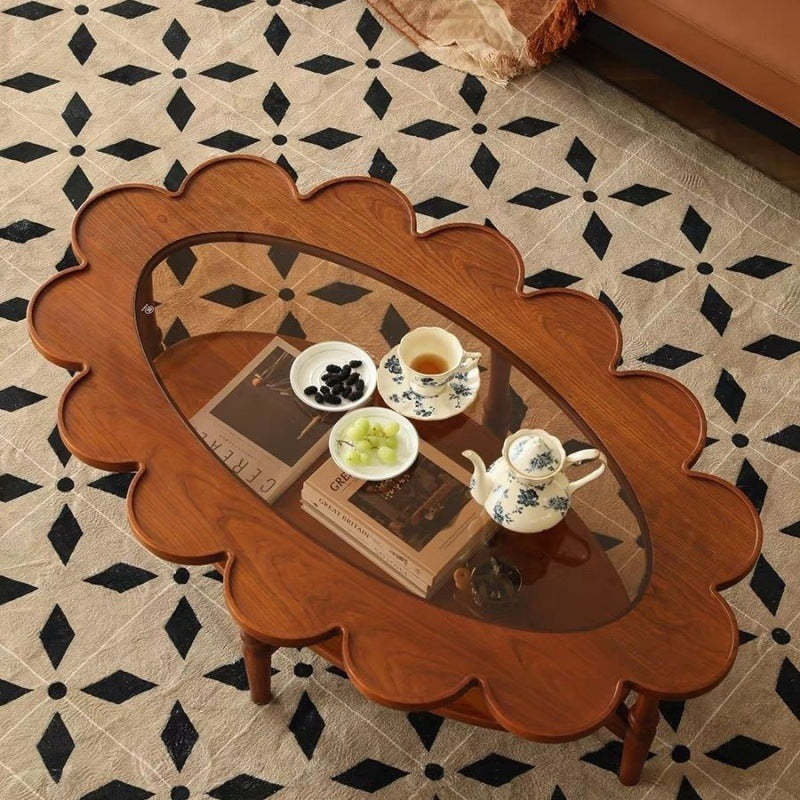 Vintage Elliptical Flower Wood Glass Coffee Table