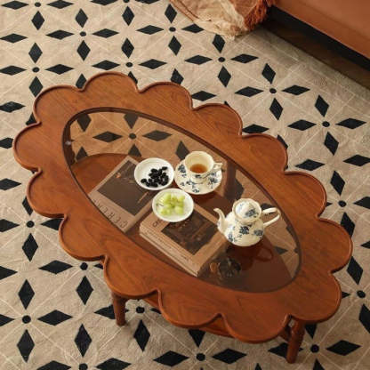 Vintage Elliptical Flower Wood Glass Coffee Table