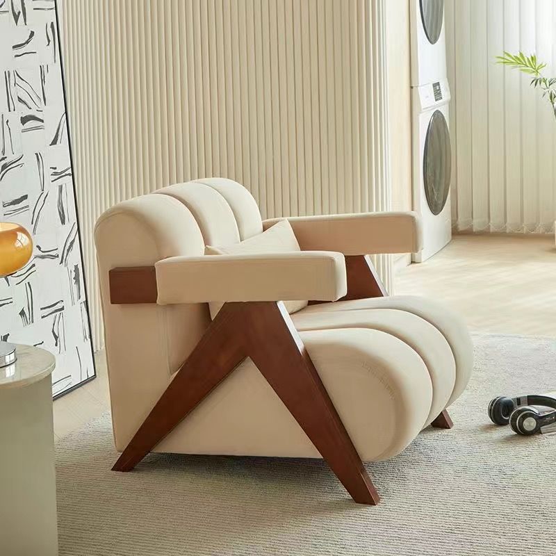 Nordic Velvet Wood Accent Chair — Beige