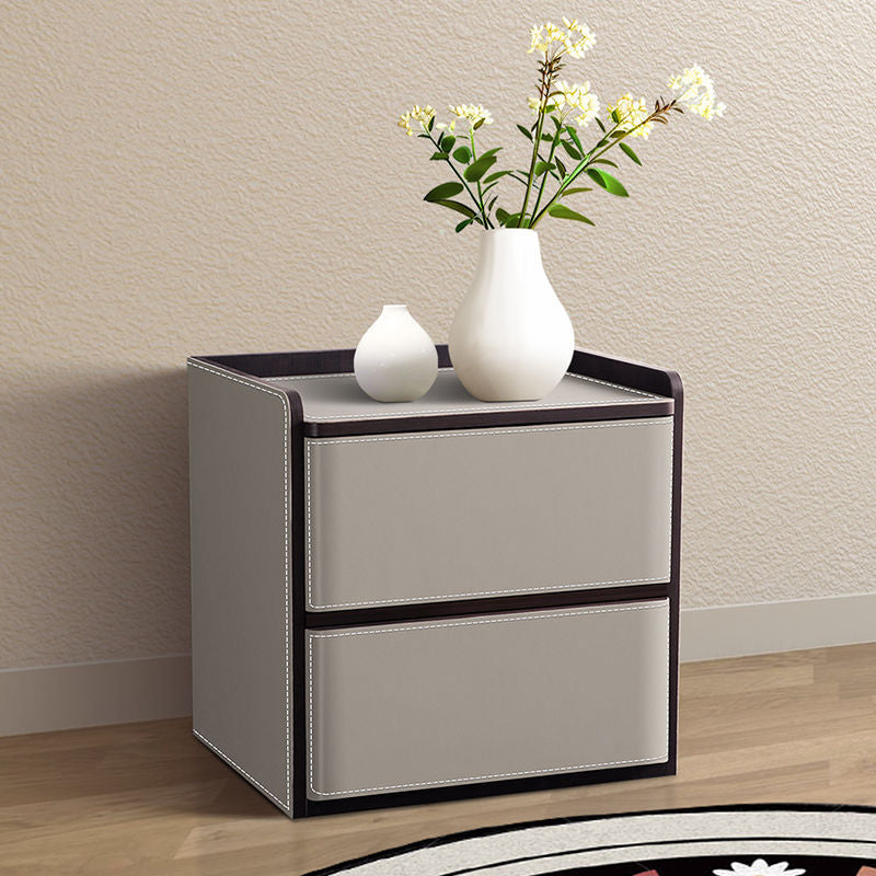 Nordic Leather Wood 2-Drawer Nightstand — Light Gray